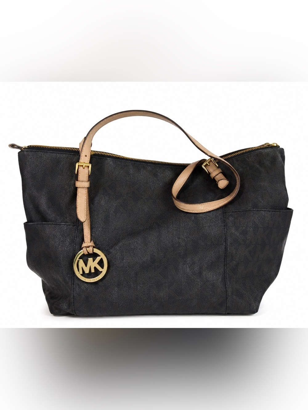 Michael Kors Black Signature MK Tote Bag Large Zip Top Shoulder Purse